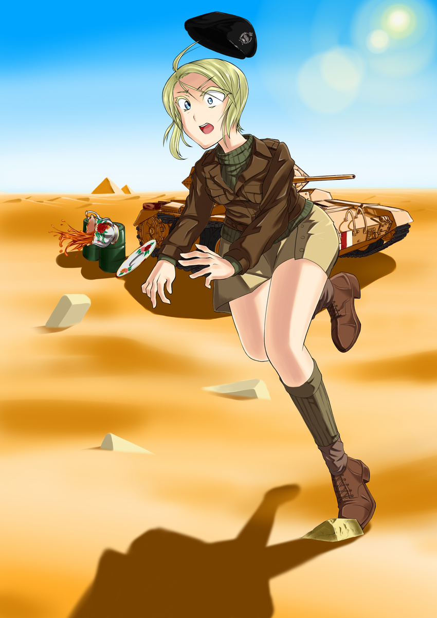 absurdres blonde_hair british commentary crusader_(tank) cup desert dragoncastle egypt ground_vehicle highres military military_vehicle motor_vehicle original pyramid sand short_hair spilling tank teacup world_war_ii