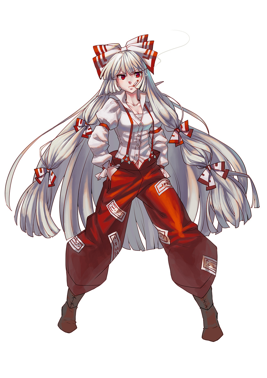 boots bow breasts cigarette cleavage deyezi fujiwara_no_mokou full_body hair_bow hair_ribbon hands_in_pockets high_collar highres long_hair medium_breasts navel pants red_eyes ribbon shirt silver_hair simple_background smoke smoking solo spread_legs suspenders touhou very_long_hair white_background