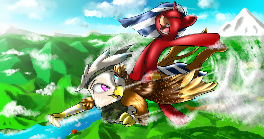 2016 avian bandanna charleene_(fan_character) cloud equine fan_(disambiguation) fan_character female feral flying gryphon happy hi_res horn horse invalid_tag landscape mammal mountain my_little_pony n-prophet open_mouth pony river snow unicorn wings