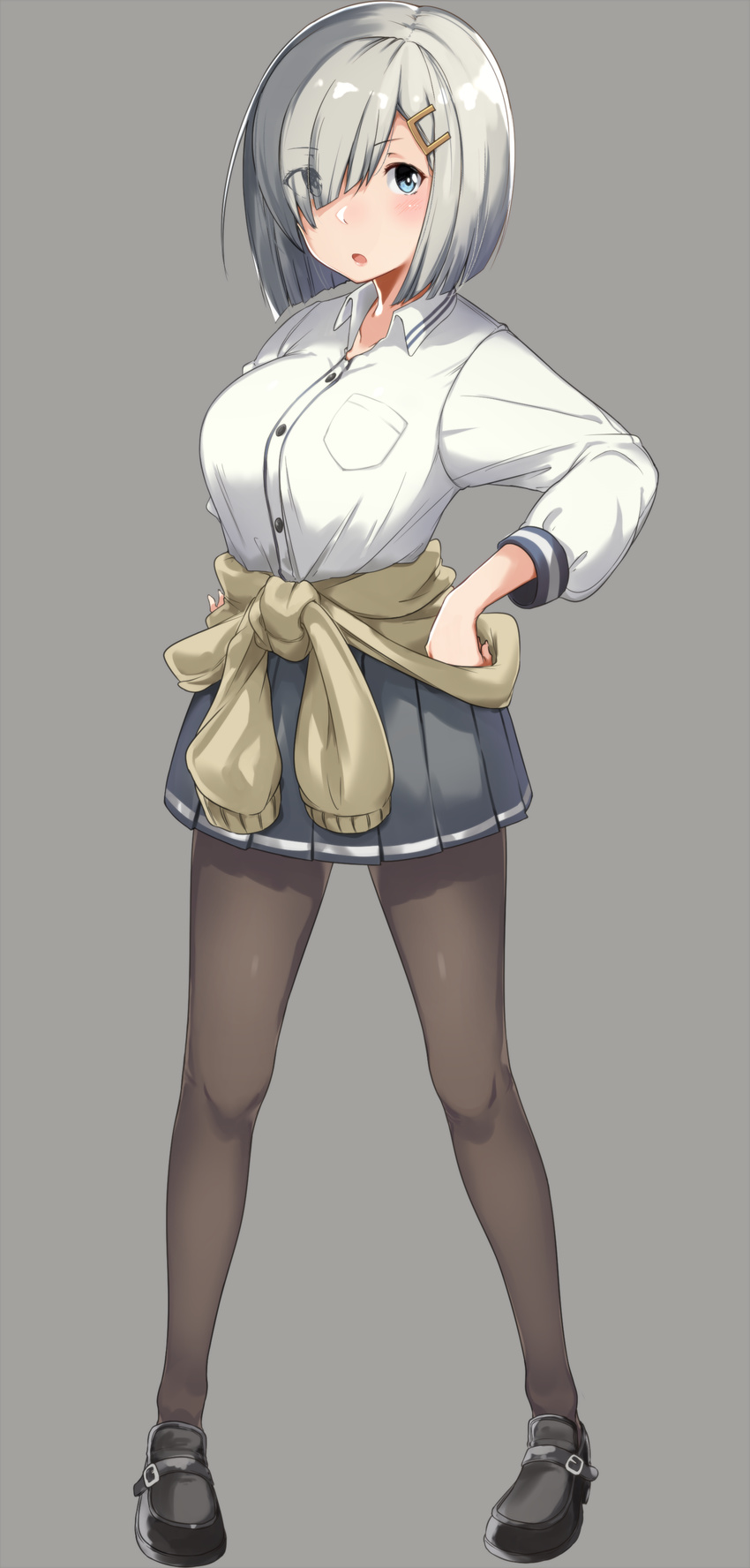 :o absurdres black_footwear black_legwear blue_eyes blush breasts buttons clothes_around_waist eyes_visible_through_hair full_body grey_background grey_skirt hair_ornament hair_over_one_eye hairclip hamakaze_(kantai_collection) highres kantai_collection kei_(soundcross) large_breasts long_sleeves looking_at_viewer pantyhose pigeon-toed pleated_skirt shoes short_hair silver_hair simple_background skirt solo standing sweater_around_waist