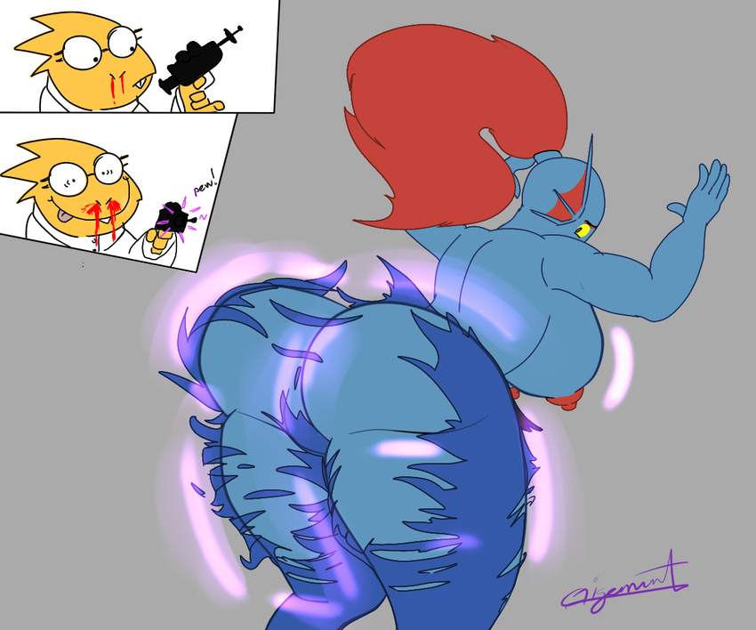 alphys big_breasts blood breasts butt_expansion female fish giganaut gun hair hyper lizard long_hair marine nipples nosebleed ranged_weapon red_hair reptile scalie science surprise undertale undyne video_games weapon yellow_eyes