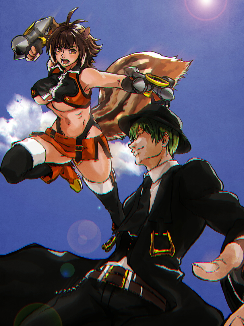 1girl angry animal_ears antenna_hair armpits bare_shoulders battle black_gloves black_legwear blazblue breasts brown_hair chromatic_aberration closed_eyes cloud cloudy_sky crop_top cryolite day duel evil_grin evil_smile fedora fingerless_gloves formal from_below gloves green_hair grin hat hazama highleg highres large_breasts lens_flare light_particles makoto_nanaya microskirt midriff multicolored_hair navel necktie orange_eyes orange_skirt punching revealing_clothes short_hair side_slit skirt sky smile squirrel_ears squirrel_tail suit tail thighhighs tonfa two-tone_hair underboob weapon