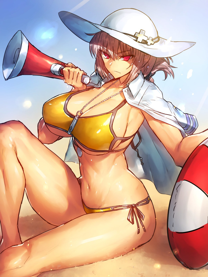 &gt;:( alternate_costume armpits bikini breasts chaldea_lifesavers cleavage closed_mouth collarbone commentary_request fate/grand_order fate_(series) florence_nightingale_(fate/grand_order) folded_ponytail frown groin hat highres innertube jewelry knee_up large_breasts looking_at_viewer megaphone melon22 navel necklace open_clothes open_shirt pink_hair red_eyes sand shiny shiny_skin shirt shirt_on_shoulders side-tie_bikini sideboob sitting solo stomach sun_hat swimsuit thighs tsurime underboob v-shaped_eyebrows white_hat yellow_bikini