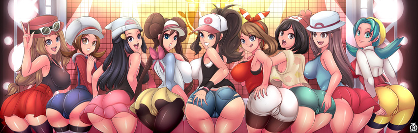 6+girls aqua_eyes aqua_hair ass ass_grab bandanna bare_shoulders baseball_cap beanie bike_shorts black_eyes black_hair blue_(pokemon) blue_eyes blue_hair blush breast_press breasts brown_eyes brown_hair cameltoe come_hither crystal_(pokemon) deep_skin double_bun erect_nipples female_protagonist_(pokemon_sm) from_behind green_eyes haruka_(pokemon) hat hikari_(pokemon) huge_ass kotone_(pokemon) large_breasts leaning leaning_forward long_hair looking_at_viewer looking_back low_twintails mei_(pokemon) multiple_girls nintendo open_mouth overalls pantyhose pokemon pokemon_(game) pokemon_bw pokemon_bw2 pokemon_dppt pokemon_frlg pokemon_gsc pokemon_hgss pokemon_oras pokemon_rse pokemon_sm pokemon_xy ponytail revolverwingstudios serena_(pokemon) shiny shiny_clothes shiny_hair shiny_skin short_hair short_shorts shorts sideboob skirt smile sunglasses take_your_pick thighhighs tongue tongue_out touko_(pokemon) twintails v very_long_hair wristband