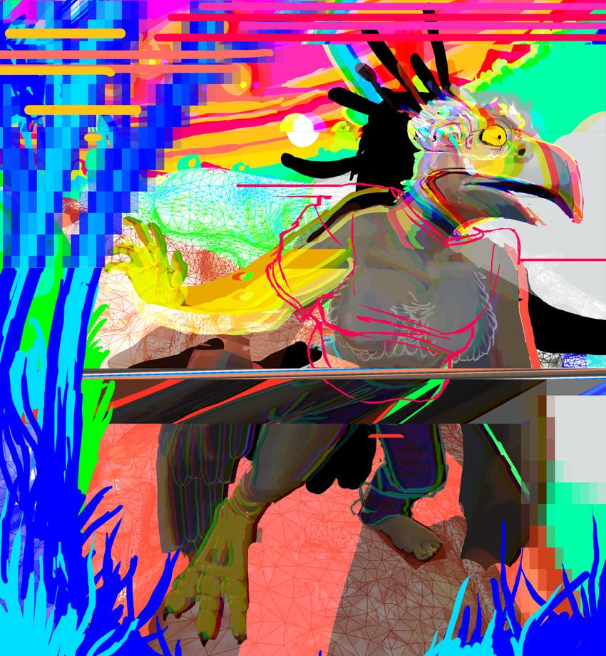 abstract abstract_background anthro avian beak bird breasts clothed clothing colorful digital_media_(artwork) feathers glitch hi_res open_mouth psychedelic secretary_bird shocked solo surprise swatcher transformation yellow_eyes
