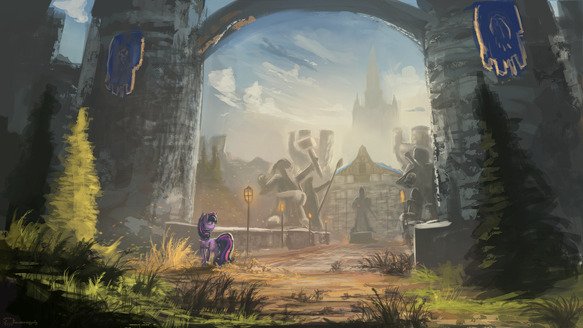archway banners day detailed_background equine female feral friendship_is_magic fur hair hi_res horn mammal my_little_pony outside purple_eyes purple_fur purple_hair road shamanguli solo standing statues stormwind towers twilight_sparkle_(mlp) unicorn video_games warcraft
