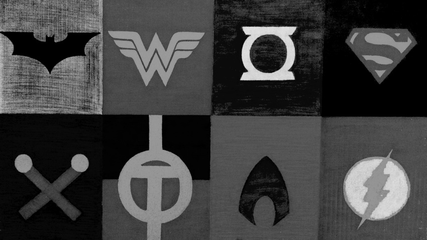 aquaman batman batman_(series) dc_comics deadman0911 emblems green_lantern martian_manhunter monochrome poster red_tornado super_heroes superman the_flash wonder_woman