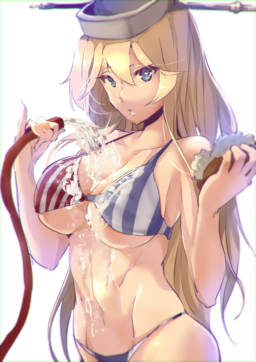 absurdres american_flag_bikini bikini blonde_hair blue_eyes breasts chromatic_aberration cleavage flag_print headgear highres hose iowa_(kantai_collection) kantai_collection large_breasts long_hair looking_at_viewer navel parted_lips satou_daiji scrub simple_background solo star star-shaped_pupils swimsuit symbol-shaped_pupils water white_background