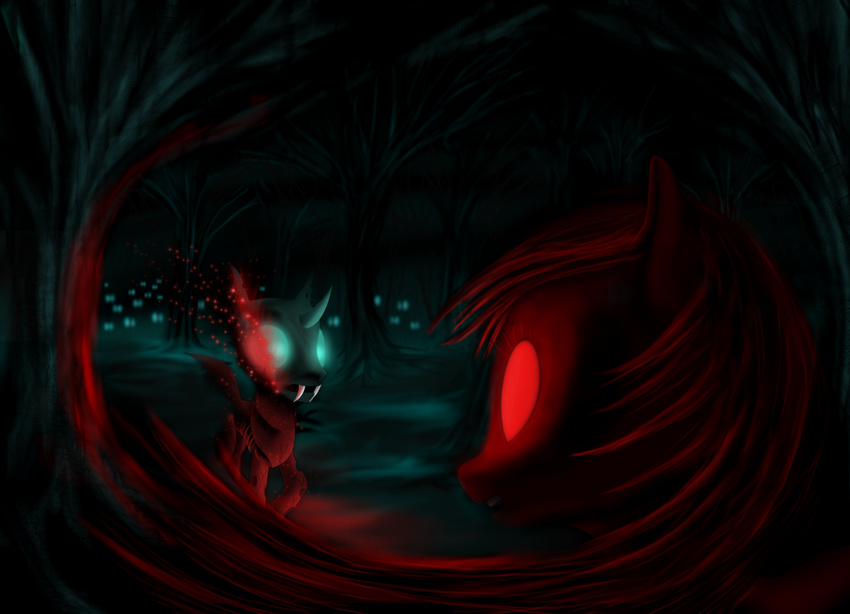 ambiguous_gender black_hair blue_eyes changeling darkness duo equine eyelashes fan_character fangs feral forest glowing glowing_eyes hair hooves horn konsumo mammal my_little_pony night open_mouth red_eyes red_hair swarm teeth tree