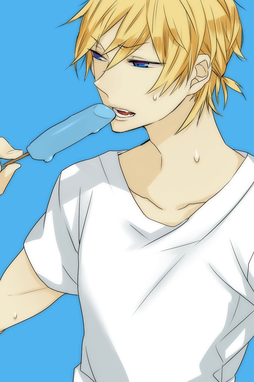 blonde_hair blue_eyes heiwajima_shizuo ice_cream purple_eyes short_hair sweat