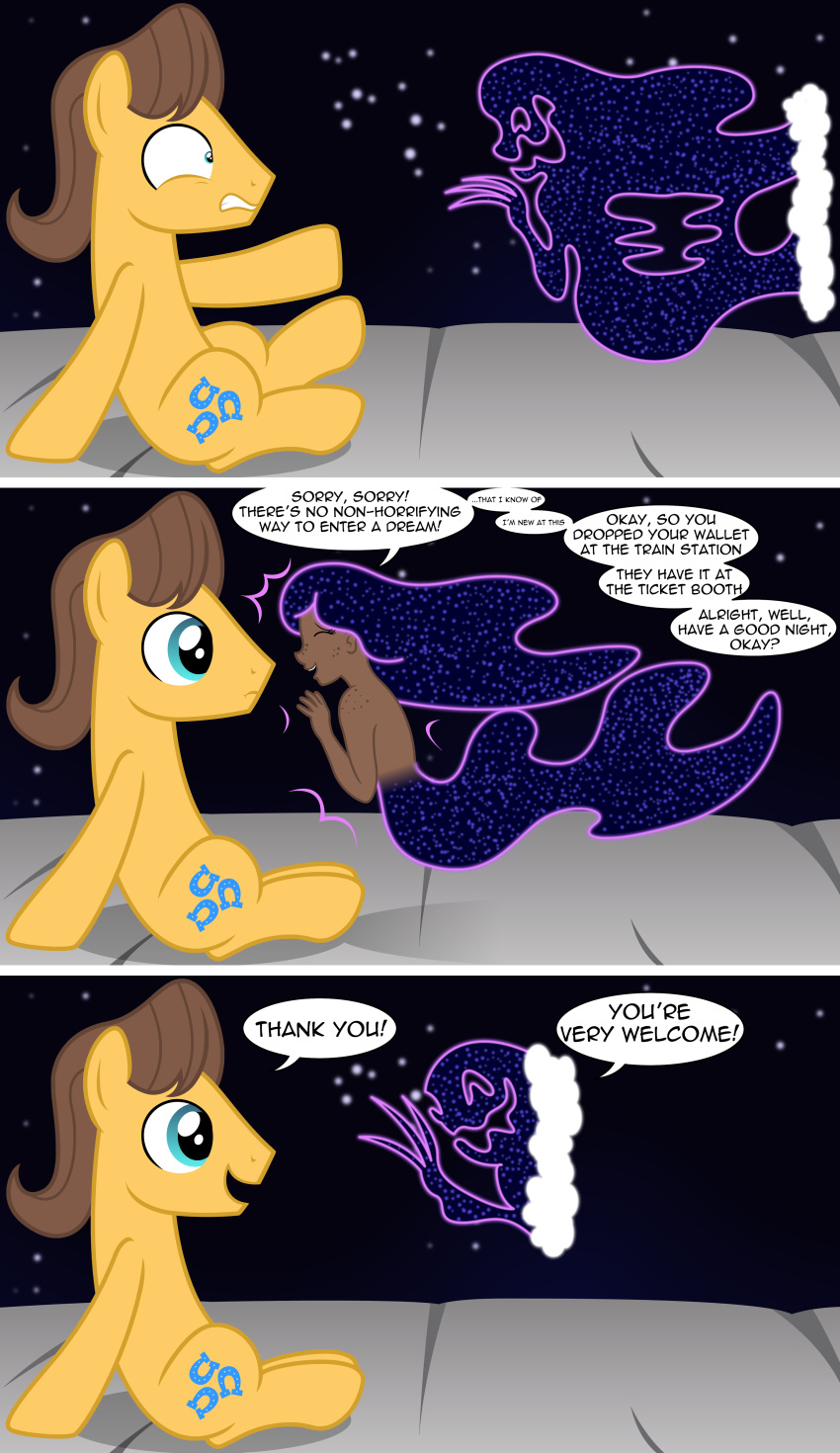 2018 badumsquish bashful caramel_(mlp) clothed clothing comic dialogue dream_walker duo english_text equine fan_character female floating freckles friendship_is_magic grin happy horse lacuna_(oc) male mammal my_little_pony open_mouth partial_nudity pony satyr scared shoulder_freckles sitting smile sparkles text topless