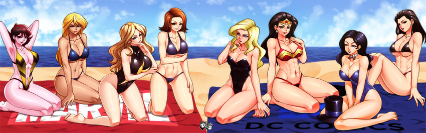 abs adapted_costume annotated arm_support armpits arms_behind_head arms_up artist_logo bangs barefoot beach beach_towel between_legs bikini black_bikini black_canary black_hair black_hat black_swimsuit black_widow blonde_hair blue_bikini blue_eyes blue_ribbon blue_swimsuit bow bowtie breast_hold breasts brown_hair carol_danvers casual_one-piece_swimsuit center_opening chin_rest circlet cleavage clenched_hand closed_mouth cloud collarbone colored_stripes covered_collarbone crossover day dc_comics earrings emblem eyeliner flipped_hair full_body grin groin hair_flip halter_top halterneck hand_between_legs hand_on_own_chest hat hat_removed hat_ribbon headwear_removed highleg highleg_swimsuit highres hips horizon huntress impossible_clothes impossible_swimsuit jadenkaiba jewelry kneeling knees_up large_breasts leaning_forward light_smile lips lipstick long_hair looking_at_viewer magician makeup marvel mockingbird_(marvel) ms._marvel multicolored_hair multiple_girls natasha_romanoff ocean one-piece_swimsuit outdoors print_swimsuit print_towel purple_lipstick red_bikini red_hair red_lipstick red_towel ribbon seiza shiny shiny_clothes shiny_hair shiny_skin short_hair sideboob sideways_glance sitting skin_tight sky slingshot_swimsuit smile star star_earrings strapless strapless_swimsuit string_bikini striped striped_swimsuit superhero swimsuit tan thighs toned top_hat towel turtleneck two-tone_hair underboob v_arms wariza wasp_(marvel) water wavy_hair white_bow white_neckwear wonder_woman yellow_swimsuit zatanna_zatara