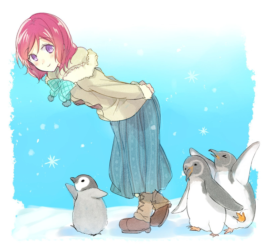 &gt;_&lt; arms_behind_back arms_up bird boots closed_eyes coat full_body fur_trim highres kakizato leaning_forward long_skirt looking_at_viewer love_live! love_live!_school_idol_project nishikino_maki penguin purple_eyes red_hair skirt smile snowflakes winter_clothes winter_coat