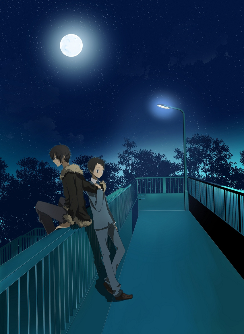 black_hair blue_eyes durarara!! hug jacket moon night orihara_izaya ryuugamine_mikado seifuku smile stars tie tree