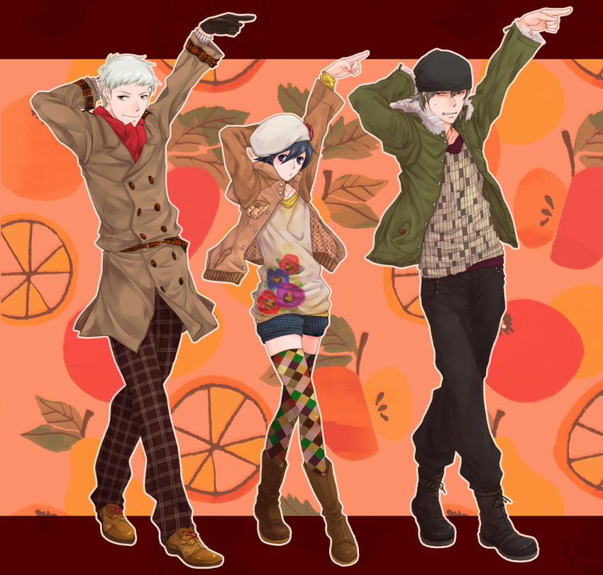 angry aragaki_shinjirou arisato_minato black_hair blue_eyes boots brown_eyes brown_hair flower gloves grey_hair group hat jacket pants persona_3 sanada_akihiko scarf shorts smile sweatdrop thighhighs