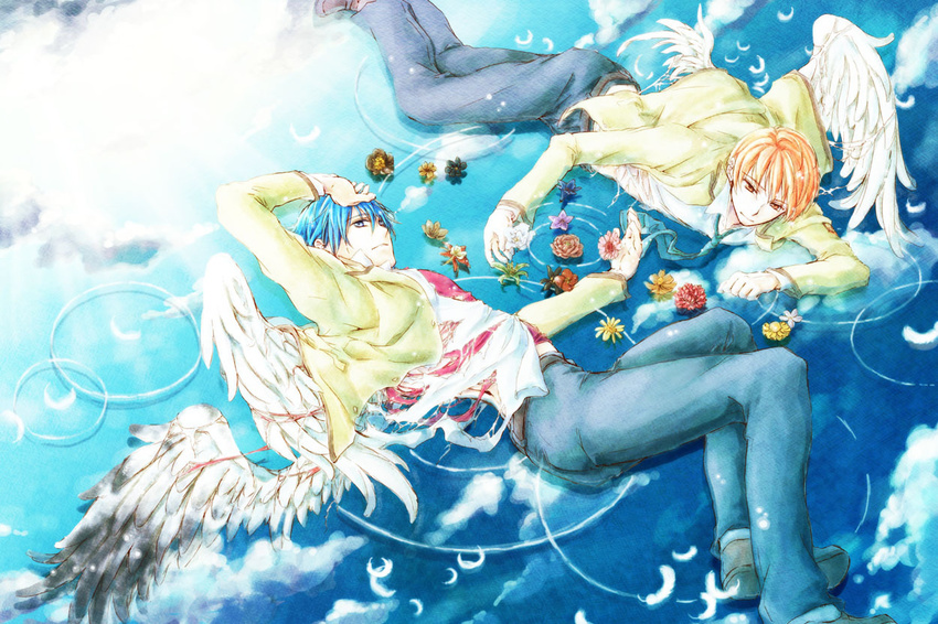 angel_beats blue_eyes blue_hair flower hinata orange_eyes orange_hair otonashi pants seifuku smile water wings