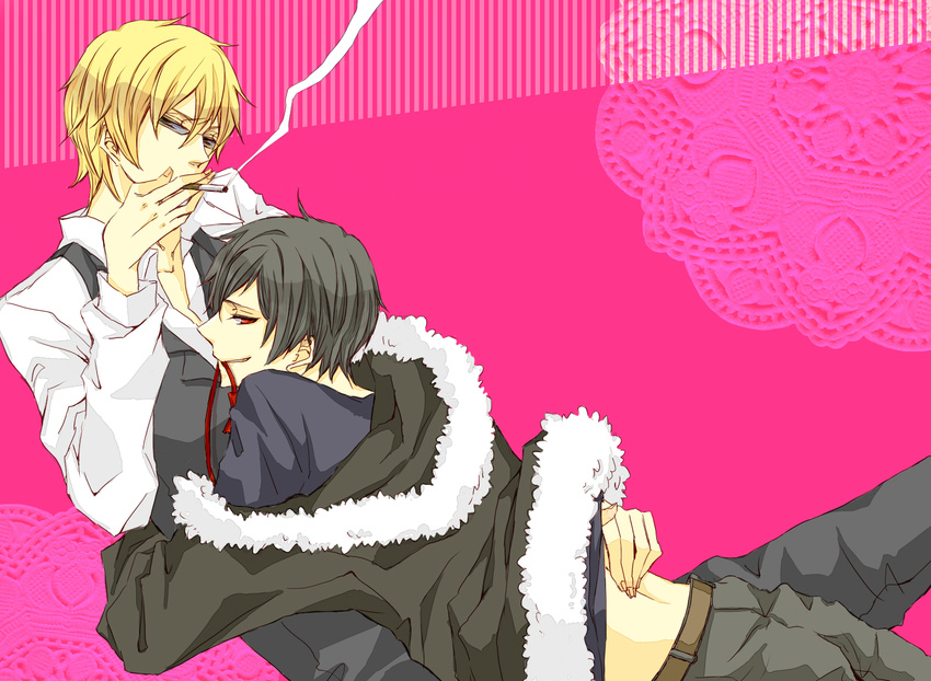 black_hair blonde_hair cigarette durarara!! heiwajima_shizuo hug jacket orihara_izaya pants red_eyes ribbon short_hair smile suit sunglasses yaoi