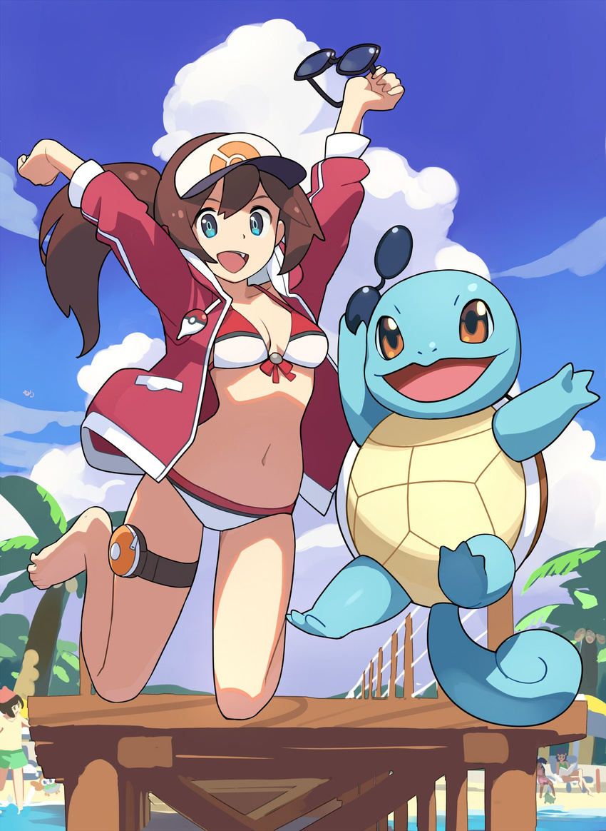 arms_up axew baseball_cap beach blue_eyes blue_sky brown_hair cloud coat day female_protagonist_(pokemon_go) gen_1_pokemon gen_5_pokemon gen_7_pokemon hat highres hikari_(pokemon) holding holding_eyewear iris_(pokemon) jacket jacket_over_swimsuit jumping long_hair mizuki_(pokemon) multiple_girls open_clothes open_jacket outdoors outstretched_wrists palm_tree poke_ball_theme pokemon pokemon_(creature) pokemon_(game) pokemon_bw pokemon_dppt pokemon_go pokemon_platinum pokemon_sm ponytail rowlet sidelocks sky solo_focus squirtle sunglasses swimsuit tetsuo_(amenohutikoma) tree winter_clothes