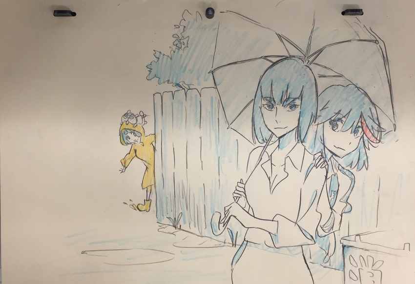 absurdres animal animal_on_head bangs boots breasts casual cleavage colored_pencil_(medium) commentary eyebrows fence guts_(kill_la_kill) hand_on_another's_shoulder highres holding holding_umbrella hood hood_up jacket kill_la_kill kiryuuin_satsuki looking_at_viewer low_neckline mankanshoku_mako matoi_ryuuko medium_breasts multiple_girls on_head photo puddle puffy_sleeves raincoat rubber_boots short_hair simple_background sketch skirt smile splashing sushio sweater thick_eyebrows traditional_media tree umbrella wooden_fence