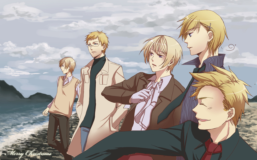 axis_powers_hetalia blonde_hair blue_eyes denmark finland glasses gloves group happy iceland jacket norway purple_eyes ribbon short_hair sky smile sweden tie water