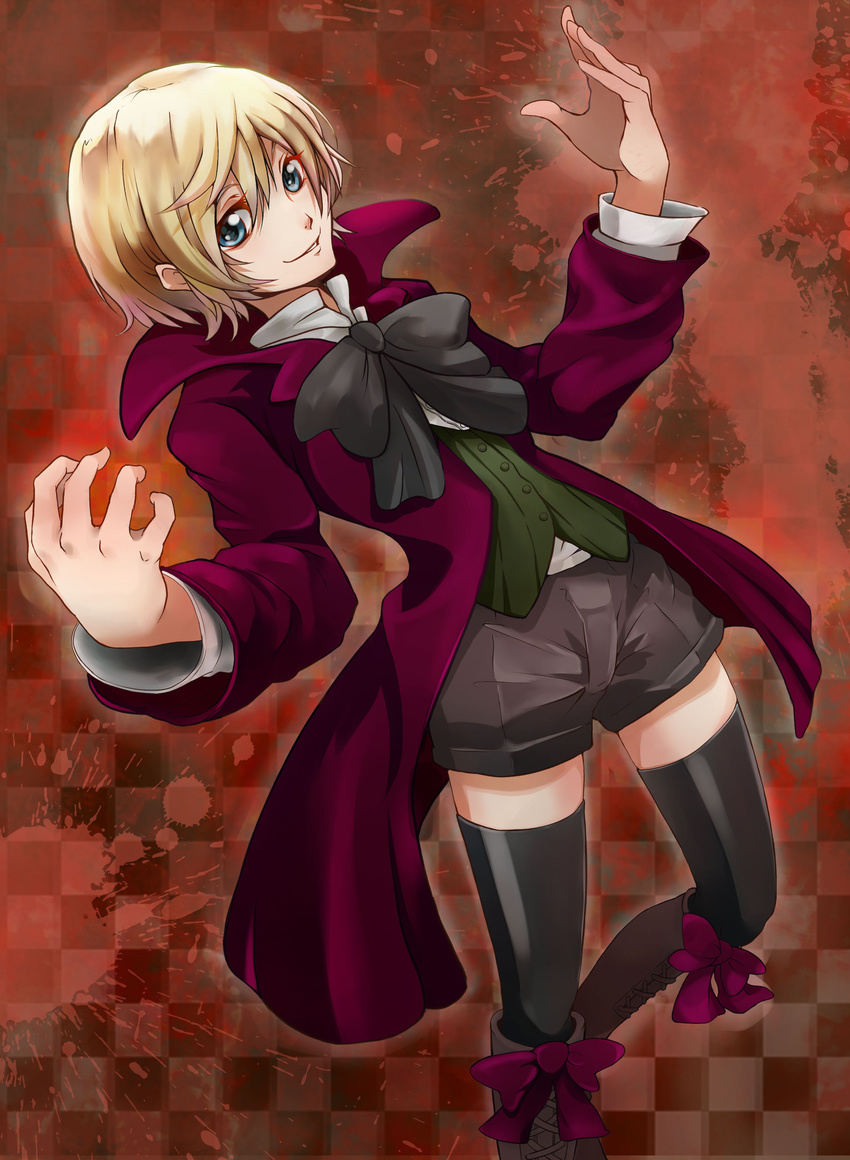 alois_trancy blonde_hair blue_eyes boots jacket kuroshitsuji ribbon short_hair shorts smile thighhighs