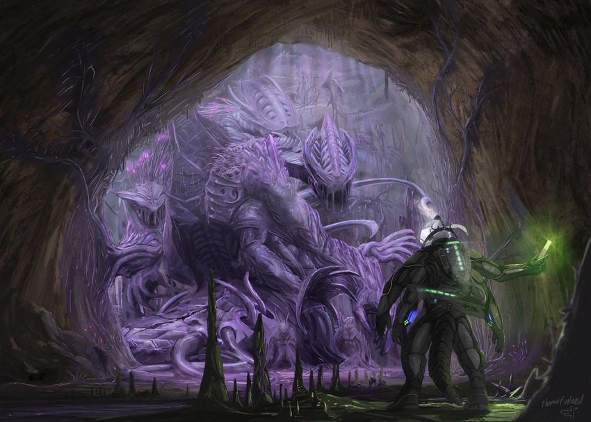 4_arms armor cave clothed clothing detailed detailed_background duo eye_contact multi_arm multi_limb open_mouth purple_goo stalagmite standing themefinland underground unknown_species