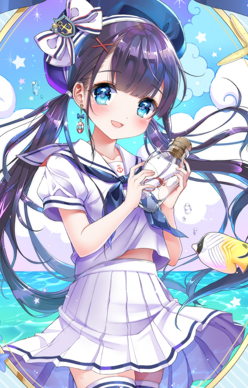 :d absurdres anchor_symbol bad_id bad_pixiv_id bangs belly_peek black_hair blue_eyes blunt_bangs blush bottle bow butterflyfish cloud cloudy_sky cork cowboy_shot earrings eyebrows eyebrows_visible_through_hair hair_ornament hair_tie hat hat_bow highres holding holding_bottle jewelry lifebuoy long_hair looking_at_viewer message_in_a_bottle neckerchief ocean open_mouth original pleated_skirt sailor_hat school_uniform serafuku shiori_(xxxsi) skirt sky smile solo sparkle star twintails very_long_hair water_drop x_hair_ornament