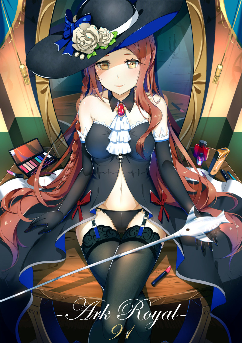 absurdres ark_royal_(zhan_jian_shao_nyu) ascot bad_id bad_pixiv_id bare_shoulders black_legwear black_panties bottle braid bridal_gauntlets brooch brown_hair character_name crossed_legs frills garter_straps hat hat_ribbon highres jewelry lipstick long_hair looking_at_viewer lu" makeup mirror panties perfume_bottle ribbon showgirl_skirt sitting sitting_on_table smile solo swordfish thighhighs underwear very_long_hair yellow_eyes zhan_jian_shao_nyu