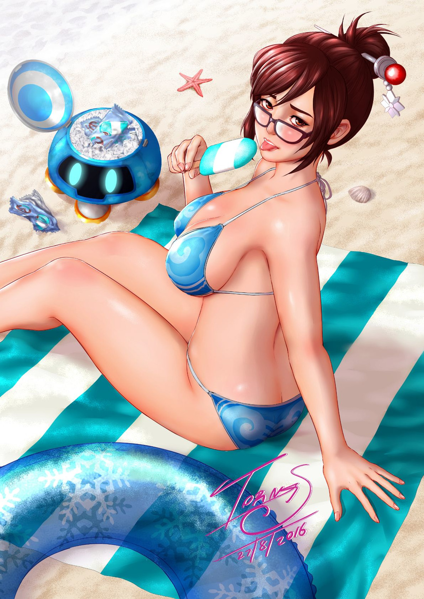 arm_support ass beach beach_towel bikini blue_bikini breasts brown_hair butt_crack cleavage glasses hair_bun hair_ornament hair_stick highres ice large_breasts looking_at_viewer mei_(overwatch) overwatch sand seashell shell sitting solo starfish swimsuit tongue tongue_out torn_s towel