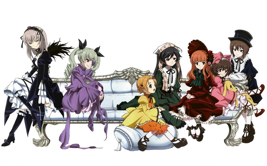 ahoge akiyama_yukari anchovy bangs barasuishou barasuishou_(cosplay) black_dress black_eyes black_footwear black_hair blue_eyes blunt_bangs boots braid brown_eyes brown_hair cosplay derivative_work dress drill_hair eyepatch girls_und_panzer gothic_lolita green_dress green_hair hair_ornament hair_ribbon hat headdress highres hina_ichigo hina_ichigo_(cosplay) isuzu_hana itsumi_erika kanaria kanaria_(cosplay) knee_boots kunkun lolita_fashion long_hair looking_at_another messy_hair multiple_girls nishizumi_maho open_mouth orange_eyes orange_hair orange_pekoe pantyhose parody pillow purple_dress purple_footwear red_dress red_eyes ribbon rozen_maiden shinku shinku_(cosplay) shoes short_hair silver_hair sitting smile souseiseki souseiseki_(cosplay) standing stuffed_animal stuffed_dog stuffed_toy suigintou suigintou_(cosplay) suiseiseki suiseiseki_(cosplay) takebe_saori thorn_(ashthorn) tied_hair twin_braids twin_drills twintails white_legwear