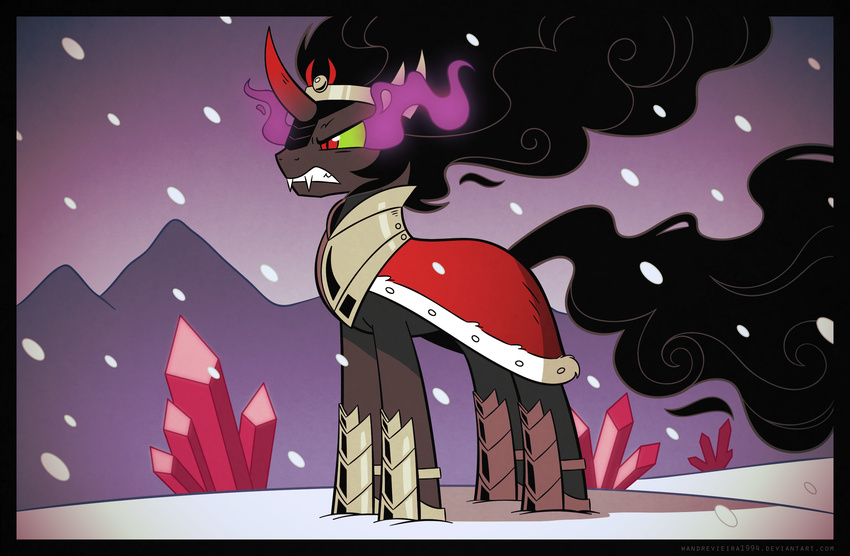 armor bared_teeth black_hair clothed clothing day equine feral friendship_is_magic fur grey_fur hair horn king_sombra_(mlp) male mammal my_little_pony outside red_eyes smoke_hair snow snowing solo standing teeth unicorn wandrevieira1994