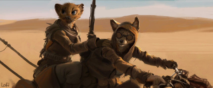 2016 anthro cheetah clothed clothing desert duo eyewear feline female fossa goggles gun lofi looking_away mad_max male mammal notched_ear ranged_weapon rifle weapon whiskers