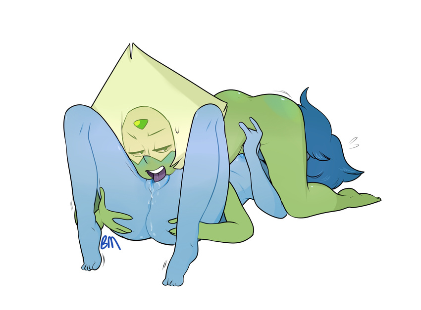 2016 69_position alien bedroom_eyes blonde_hair blue_hair blue_skin blush blushmallet butt cartoon_network digital_media_(artwork) duo feet female fingers gem_(species) green_skin hair half-closed_eyes hi_res humanoid lapis_lazuli_(steven_universe) not_furry oral peridot_(steven_universe) seductive sex steven_universe teeth toes tongue tongue_out vaginal