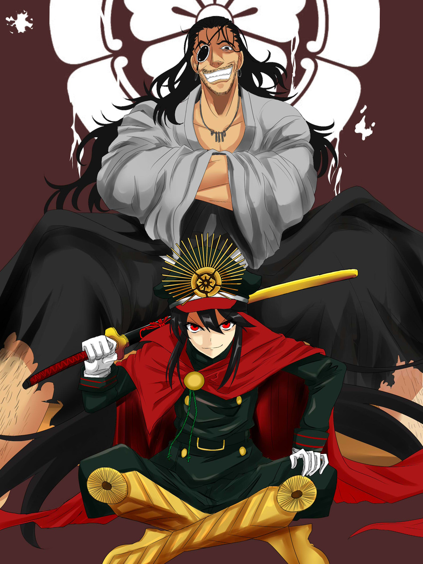 1girl absurdres black_hair cape commentary_request crest crossover drifters earrings eyepatch facial_hair family_crest fate_(series) gloves grin hat highres japanese_clothes jewelry katana koha-ace long_hair military military_uniform namesake necklace oda_nobunaga_(drifters) oda_nobunaga_(fate) oda_uri rakku_(10219563) red_eyes smile sword uniform weapon white_gloves