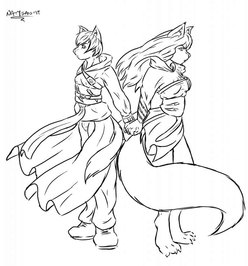 anthro clothed clothing duo feline female hand_holding male male/female mammal monochrome natysanime simple_background standing white_background