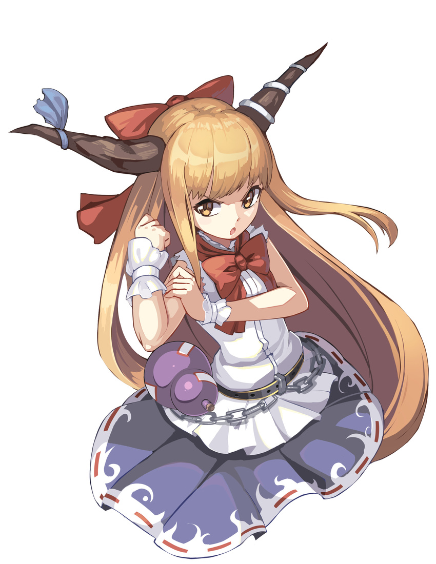 absurdres bangs belt bow brown_eyes brown_hair chain clenched_hand fps gourd hand_on_own_arm hand_up highres horn_bow horn_ribbon horns ibuki_suika long_hair looking_to_the_side looking_up open_mouth purple_skirt ribbon ribbon-trimmed_skirt ribbon_trim serious shiny shiny_hair shirt simple_background skirt sleeveless sleeveless_shirt solo torn_clothes torn_sleeves touhou upper_body very_long_hair white_background white_shirt wrist_cuffs