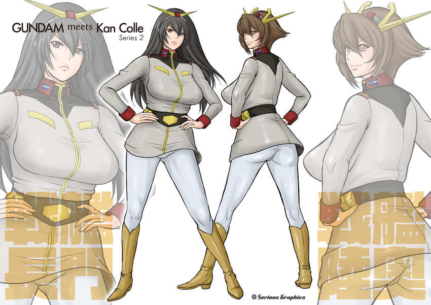 alternate_costume ass belt black_hair boots breasts brown_eyes brown_hair commentary_request english from_behind frown full_body gundam hairband hands_on_hips highres ice_(seriousgraphics) kantai_collection kneepits long_hair long_sleeves medium_breasts military military_jacket military_uniform mobile_suit_gundam multiple_girls mutsu_(kantai_collection) nagato_(kantai_collection) outline pants pose shiny shiny_clothes short_hair smile taut_clothes title twitter_username uniform watermark