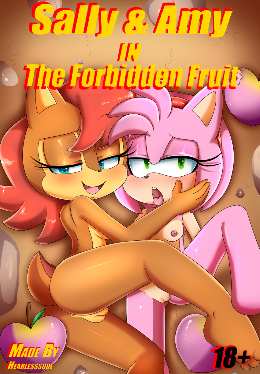 2016 amy_rose anthro anus areola bedroom_eyes blue_eyes blush breasts brown_fur butt chipmunk comic duo eyelashes female female/female fur green_eyes hair half-closed_eyes hearlesssoul hedgehog looking_at_viewer mammal nipples nude open_mouth pink_fur pussy rodent sally_acorn seductive sonic_(series) tongue tongue_out