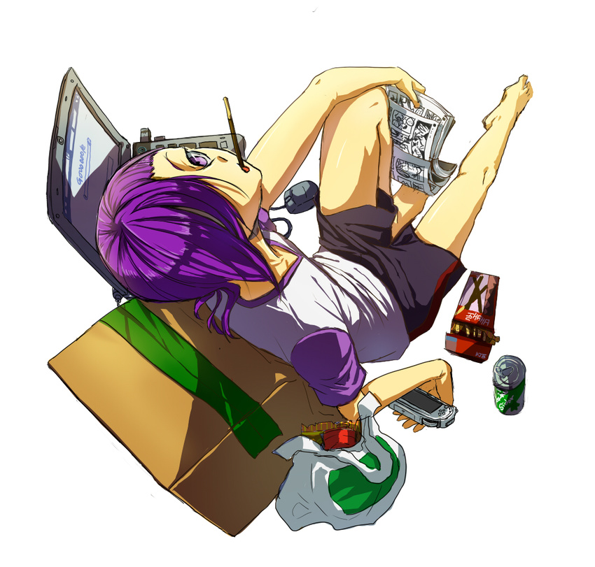 1boy bag barefoot box computer console eating food full_body hair_over_one_eye hataraku_maou-sama! knee_up looking_at_viewer male_focus mouse open_mouth pocky purple_eyes purple_hair shorts simple_background sitting solo t-shirt urushihara_hanzou white_background xogml6754