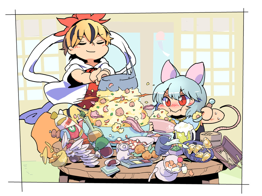 animal_ears beer_mug blush bottle cherry chopsticks closed_eyes cup dumpling eating food fried_rice froth fruit frying_pan full_mouth grey_hair hair_between_eyes jiaozi ketchup_bottle messy mouse_ears mouse_tail moyazou_(kitaguni_moyashi_seizoujo) multicolored_hair multiple_girls nazrin nose_blush orange_hair plate red_eyes sauce shawl short_hair shrimp sleeveless smile soy_sauce spoon streaked_hair sweat table tail toramaru_shou touhou wide_sleeves wind_chime yunomi