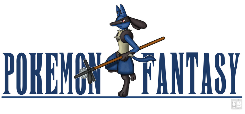 2016 3ds ambiguous_gender black_fur blue_fur canine crossover crystal english_text final_fantasy fur gamemaniac hi_res lucario mammal nintendo nude on_one_leg pok&eacute;mon red_eyes simple_background solo square_enix staff standing text video_games watermark white_background wood yellow_fur
