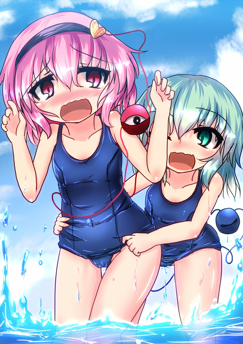 blush grabbing green_eyes green_hair highres karasuma_amiru komeiji_koishi komeiji_satori multiple_girls open_mouth pink_hair red_eyes school_swimsuit shiny surprised swimsuit touhou water