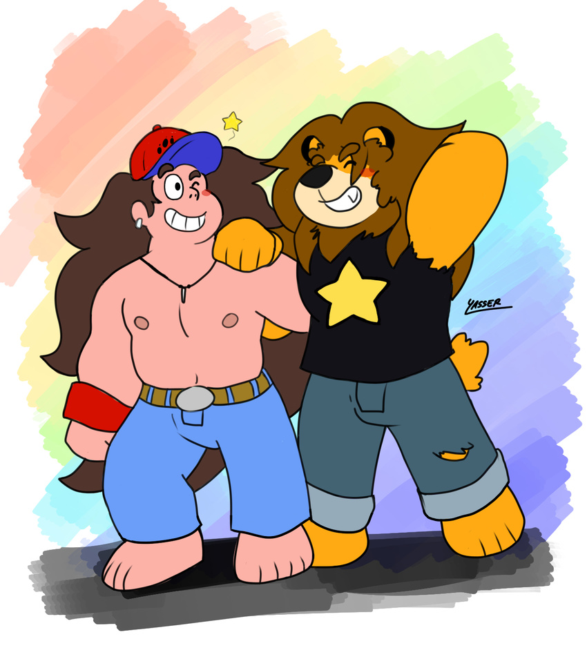 anthro bear cartoon_network duo feline fur greg_universe hibrid human human_on_anthro interspecies mammal nipples paws steven_universe yasser