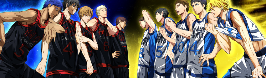 absurdres aomine_daiki basketball_uniform black_hair blonde_hair blue_hair brown_hair commentary dark_skin dark_skinned_male glasses hayakawa_mitsuhiro highres imayoshi_shouichi kasamatsu_yukio kise_ryouta kobori_kouji kuroko_no_basuke male_focus moriyama_yoshitaka multiple_boys sakurai_ryou sportswear susa_yoshinori sweat wakamatsu_kousuke yuna_(rutera)