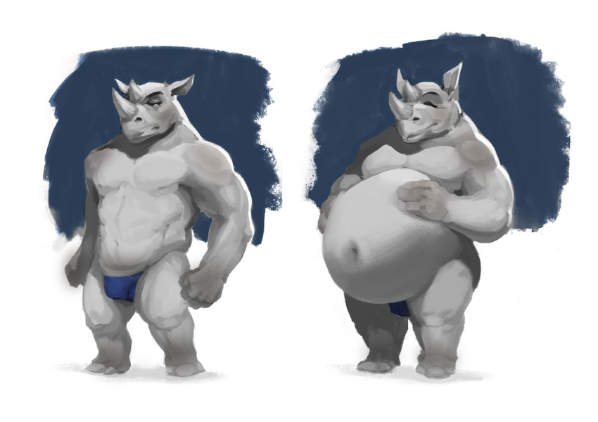 belly horn male mammal musclegut muscular muscular_male pecs rhinoceros simple_background smile solo