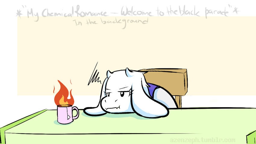 azenzeph beverage caprine chair cup dialogue fire long_ears mammal simple_background table tea toriel undertale video_games white_background