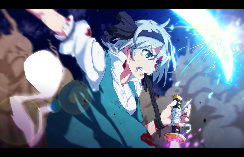 anime_coloring black_hairband bleeding blocking blood blood_on_face bloody_clothes blue_eyes bruise_on_face clenched_teeth cloud collared_shirt debris determined dual_wielding energy from_side glowing glowing_sword glowing_weapon green_vest hairband half-closed_eye holding konpaku_youmu konpaku_youmu_(ghost) lens_flare letterboxed light_particles looking_afar motion_blur mouth_hold mumyuu night night_sky open_clothes open_vest petals serious shiny shiny_hair shirt short_hair silver_hair sky smoke solo sparks teeth torn_clothes touhou vest weapon white_shirt