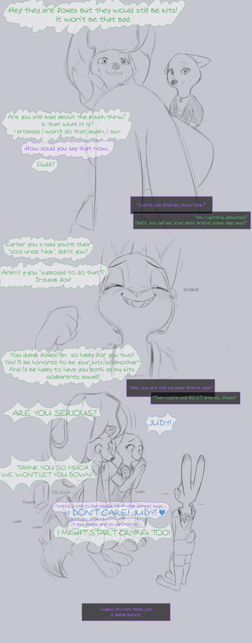 anthro black_and_white canine clothed clothing comic crying dialogue disney english_text female fox fur judy_hopps lagomorph line_art male mammal monochrome nick_wilde rabbit skye_(zootopia) tears text unknown_artist zootopia