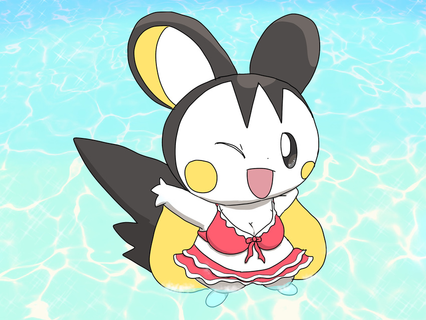 bikini breasts cleavage clothed clothing emolga female kakuheiki looking_at_viewer nintendo one_eye_closed outside pok&eacute;mon solo standing swimsuit video_games wink