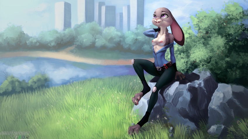 2016 3_toes 4_fingers anthro breasts buckteeth city cityscape clothed clothing detailed_background disney female fur grey_fur hand_behind_head hi_res judy_hopps lagomorph lake long_ears mammal multicolored_fur nipples oneofyouare open_mouth open_shirt open_smile outside police_uniform purple_eyes rabbit sitting smile solo teeth toes two_tone_fur uniform white_fur zootopia